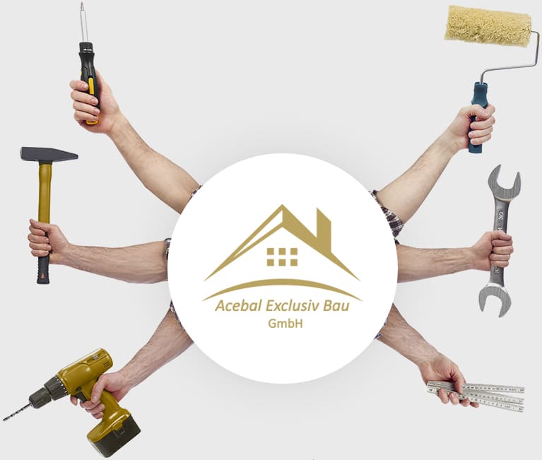 Firmenlogo von Acebal Exclusiv Bau Langenhagen - kombiniert mit sechs Armen, die aus der Mitte sprießen und verschiedene Werkzeuge halten